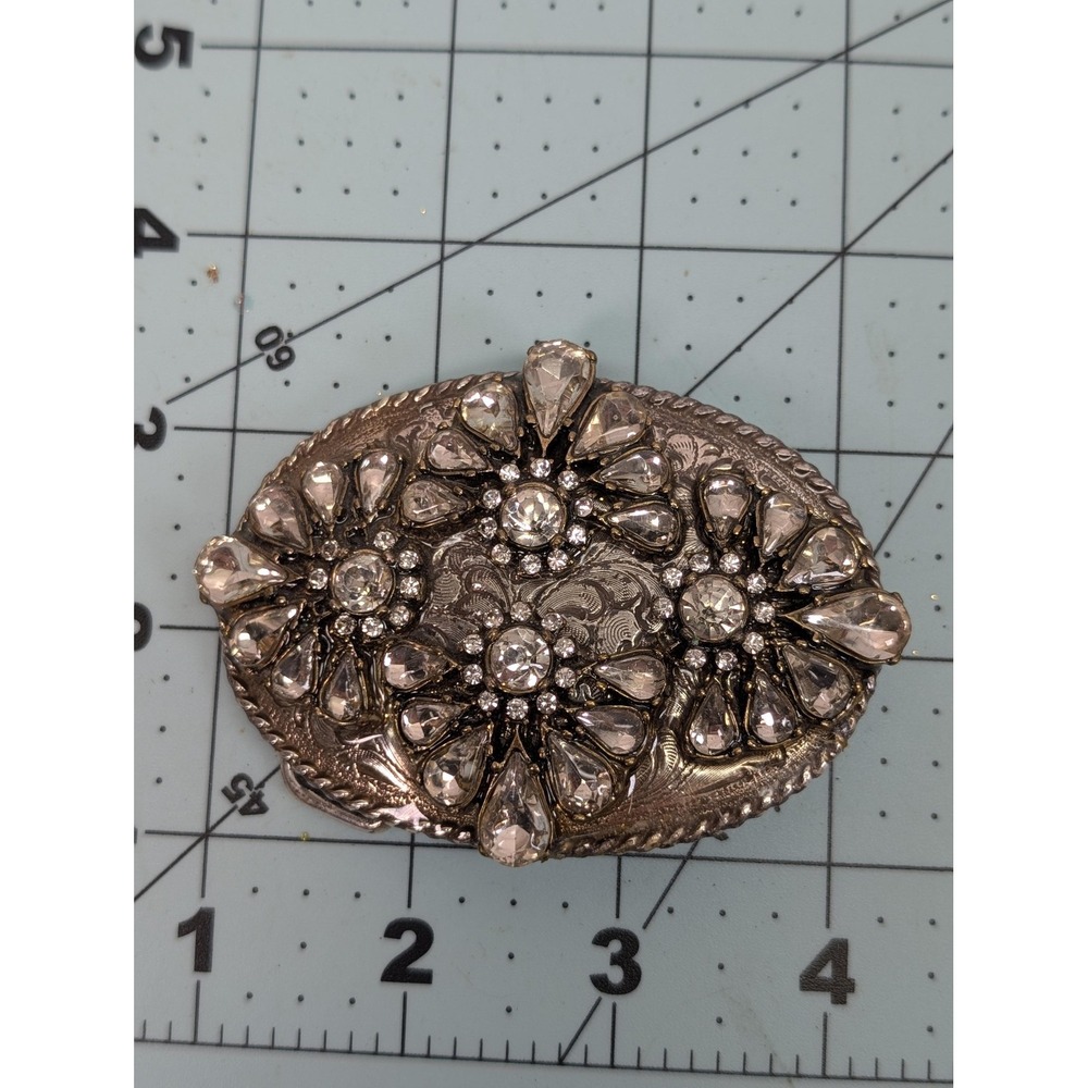 Vintage Western Belt Buckle Womens Silver Rhinestone Oval Floral Taiwan 1986